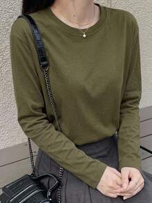 DAZY 女款素色百搭圓領長袖極簡風T恤 - 綠色 - 查看 3