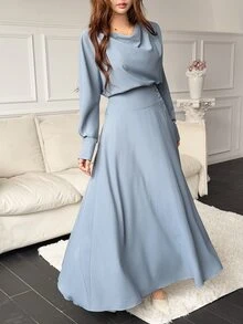 Feyla Women's Solid Color Draped Neck Long Sleeve Top And High Waist Skirt Elegant Two Pieces Set - Blue - View 4