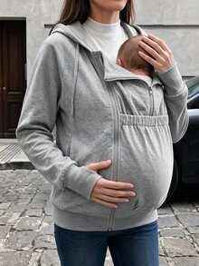 SHEIN Sweatshirt Nyaman Lengan Panjang Warna Polos untuk Ibu Hamil dengan Tudung yang Dapat Dilepas - Grey - View 5