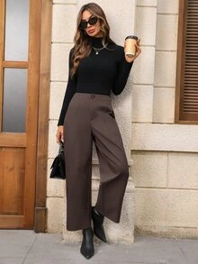 EMERY ROSE Women Solid Color Casual Versatile Daily Wear Long Pants Business Office Work Dark Brown Autumn Women Fall/Winter Pants - Brown - View 4