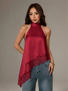 SHEIN PETITE 不對稱高領掛脖上衣，蕾絲飾邊，晚宴派對雞尾酒會正式優雅無袖款 - 玫瑰紅 - 查看 3