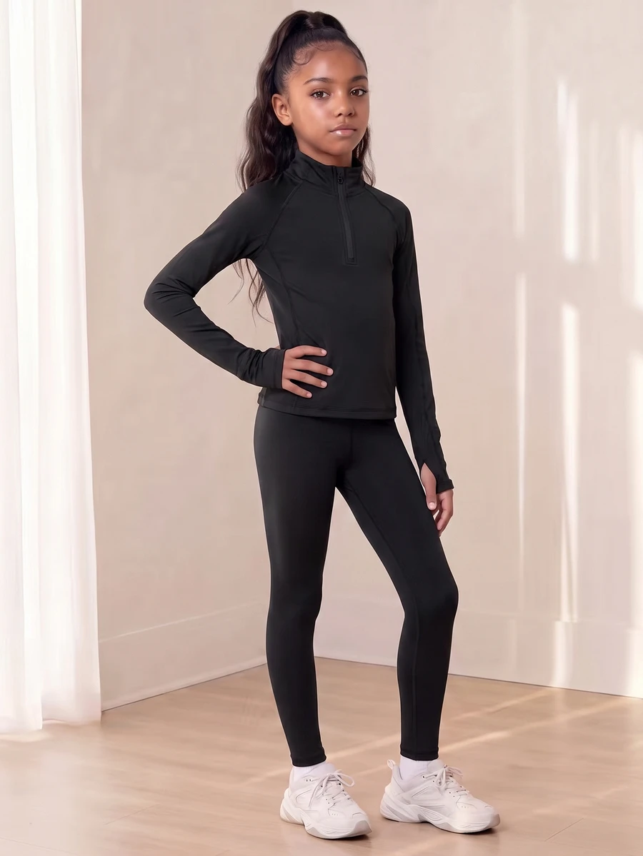 SHEIN Tween Girls Solid Color Fashion Long Sleeve Top And Pants Sports Outfit Set Gym Workout Black Autumn Modest Athletic Gym Workout Jogging - Black - View 1