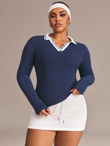Rhythm Era Women's Plus Size Minimalist Colorblock Collar Long Sleeve T-Shirt - Navy Blue - View 5