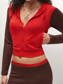 SHEIN TRNDY Women's 2000s Style Streetwear Colorblock Sleeve Pocket Hooded Sweatshirt And Skirt Y2K Set - Red - View 7