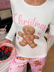 SweetSlumber Women's Christmas Gingerbread Man Candy Striped Print Knit Long Sleeve Pants Pajama Set - Multicolor - View 4