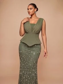 Glamrae Gaun Malam Formal Ukuran Besar Warna Kopi Elegan Romantis Modis Mewah Glamor dengan Manik Payet Bordir Patchwork Rajut Stretch untuk Pernikahan Pesta Perayaan Acara Formal (Desain Pengerjaan Berat) - Coffee Brown - View 1