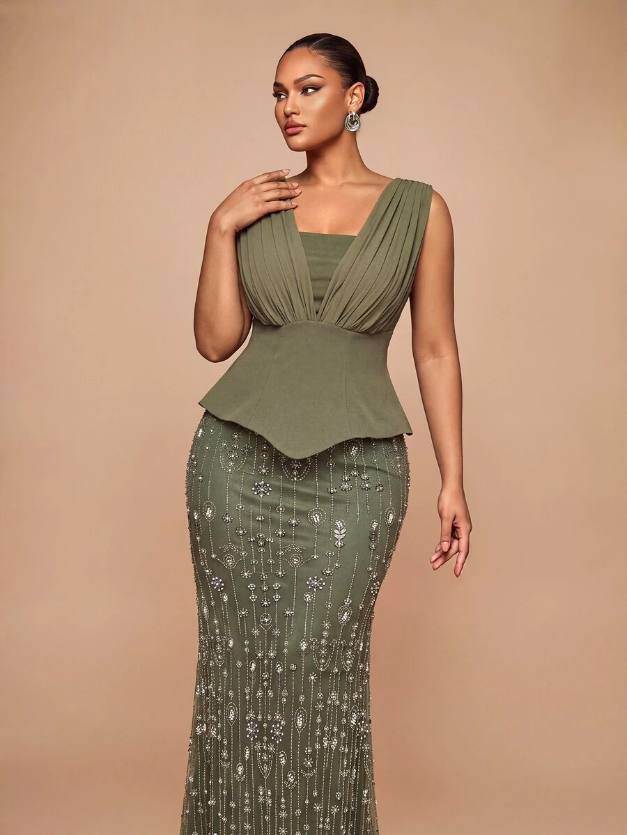 Glamrae Gaun Malam Formal Ukuran Besar Warna Kopi Elegan Romantis Modis Mewah Glamor dengan Manik Payet Bordir Patchwork Rajut Stretch untuk Pernikahan Pesta Perayaan Acara Formal (Desain Pengerjaan Berat) - Coffee Brown - View 1
