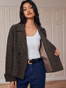 Écloséra Vintage Classic Houndstooth Pattern Dark Plaid Overcoat Loose Drop Shoulder Lapel Double Breasted Design Oversized Silhouette British Academy Style French Slouchy Chic Daily Commute Weekend Date Top Wool Overcoat Jacket - Brown - View 2