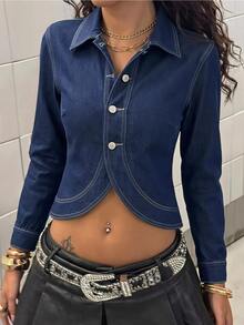 Jeanoix Jaket Denim Pendek Wanita Lengan Panjang Kancing Depan dengan Hem Asimetris Gaya Y2K - Dark Wash - View 1