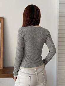 DAZY Women's Patchwork Contrast Color 2 In 1 Combined Round Neck Long Sleeve Casual Street Vacation Spring Autumn Base Layer T-Shirt - Grey - View 2