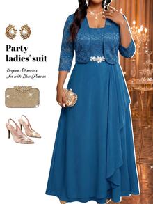 Fleurora Plus Size Women's 3/4 Sleeve Open Front Jacket And Rhinestone Waist Decor Dress Elegant Set - Teal Blue - View 6