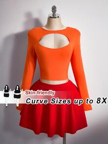 SHEIN CURVE+ Plus Size Women Solid Color Cutout Design Long Sleeve T-Shirt And Skirt Set - Multicolor - View 1
