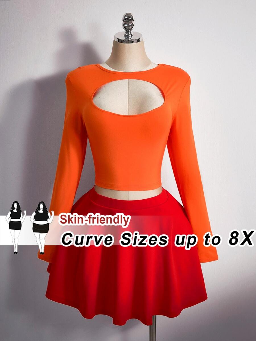 SHEIN CURVE+ Plus Size Women Solid Color Cutout Design Long Sleeve T-Shirt And Skirt Set - Multicolor - View 1
