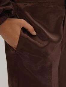 MUSEYN Brown Satin Straight Leg Trousers Classy Date Night Chic Evening Fall - Chocolate Brown - View 5