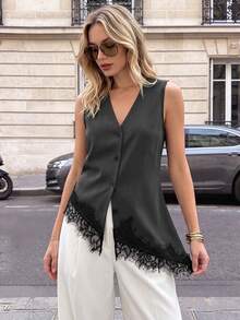 SHEIN PariChic Blus Wanita Baru Musim Semi dan Panas Kerah V dengan Hiasan Renda Asimetris - Grey - View 8