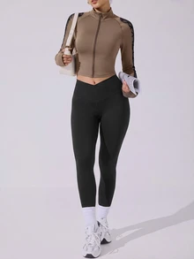 Easithlete Easithlete Women's Patchwork Geometric Mesh Zipper Front Sports Jacket - Coffee Brown - View 5