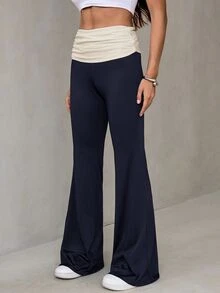 SHEIN Tall Contrast Color Folded Waist Flare Pants - Multicolor - View 3