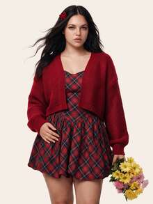 Comfortcana Plus Size Women's Long Sleeve Elegant Autumn/Winter Versatile Short Knit Cardigan - Burgundy - View 9