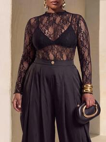 Zivah Plus Size Sexy Lace Sheer Top And Button Pleated Pants 2 Pieces Set - Black - View 9