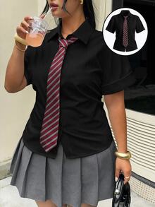Muchica 大尺碼韓系條紋領結短袖襯衫，學院風 - 黑色 - 查看 1