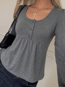 SHEIN EZwear 灰色針織女款半開襟鈕扣長袖T恤 - 深灰色 - 查看 6