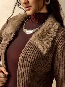 Nubod Plus Size Fitted Elegant Commute Patchwork Fur Collar Zip-Up Knit Cardigan - Brown - View 3