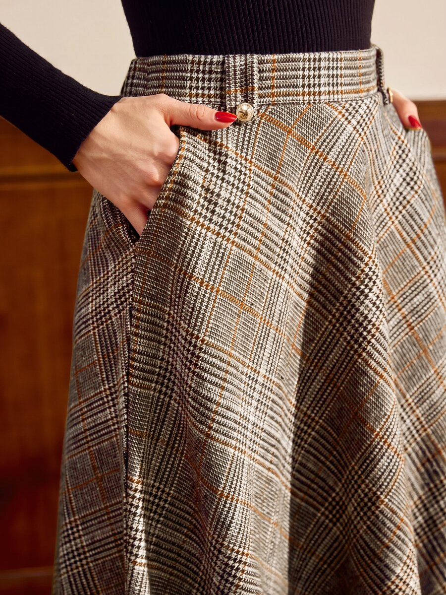 Vintamour Women's Vintage Houndstooth Pocket Elegant Skirt - Brown - View 1