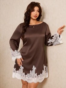 Elaquor Plus Size Women's Contrast Lace Long Sleeve Loose Elegant Dress - Coffee Brown - View 5