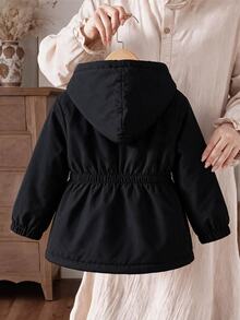SHEIN Elladie kids 1件女童冬季新款蝴蝶結波點圖案抓絨內裡拉鍊開襟外套，腰部鬆緊帶連帽夾克，加厚保暖大衣，適合日常穿著、旅行、返校季 - 黑色 - 查看 2