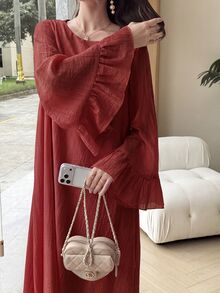 Yasmyna 圓領細條紋紋理寬鬆喇叭袖粉色長洋裝 秋冬休閒 國慶橘色 外出穿搭 寬鬆休閒 - 紅色 - 查看 7