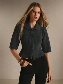 Poéselle Women's Solid Color Lapel Single-Breasted Fashion Elegant Cardigan - Dark Grey - View 7