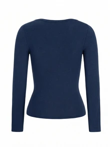 Teen Girl Casual Slim Fit Long Sleeve T-Shirt Base Layer, Printed Accents, Versatile Comfortable Elegant Style, Suitable For Outings, School, Layering - Blue - View 2