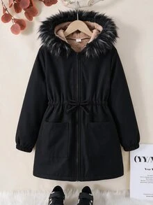 Jaket Musim Gugur Anak Perempuan Remaja Warna Polos Lengan Panjang dengan Resleting dan Lapisan Termal, Dilengkapi Tudung, - Khaki - View 7