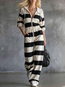 SHEIN Women Fall Winter Striped Hooded Jumpsuit Long Sleeve Zip Up Drawstring Waist Wide Leg Ribbed Lounge Casual Travel Sweat Jumpsuit With Pockets - Black and White - View 1