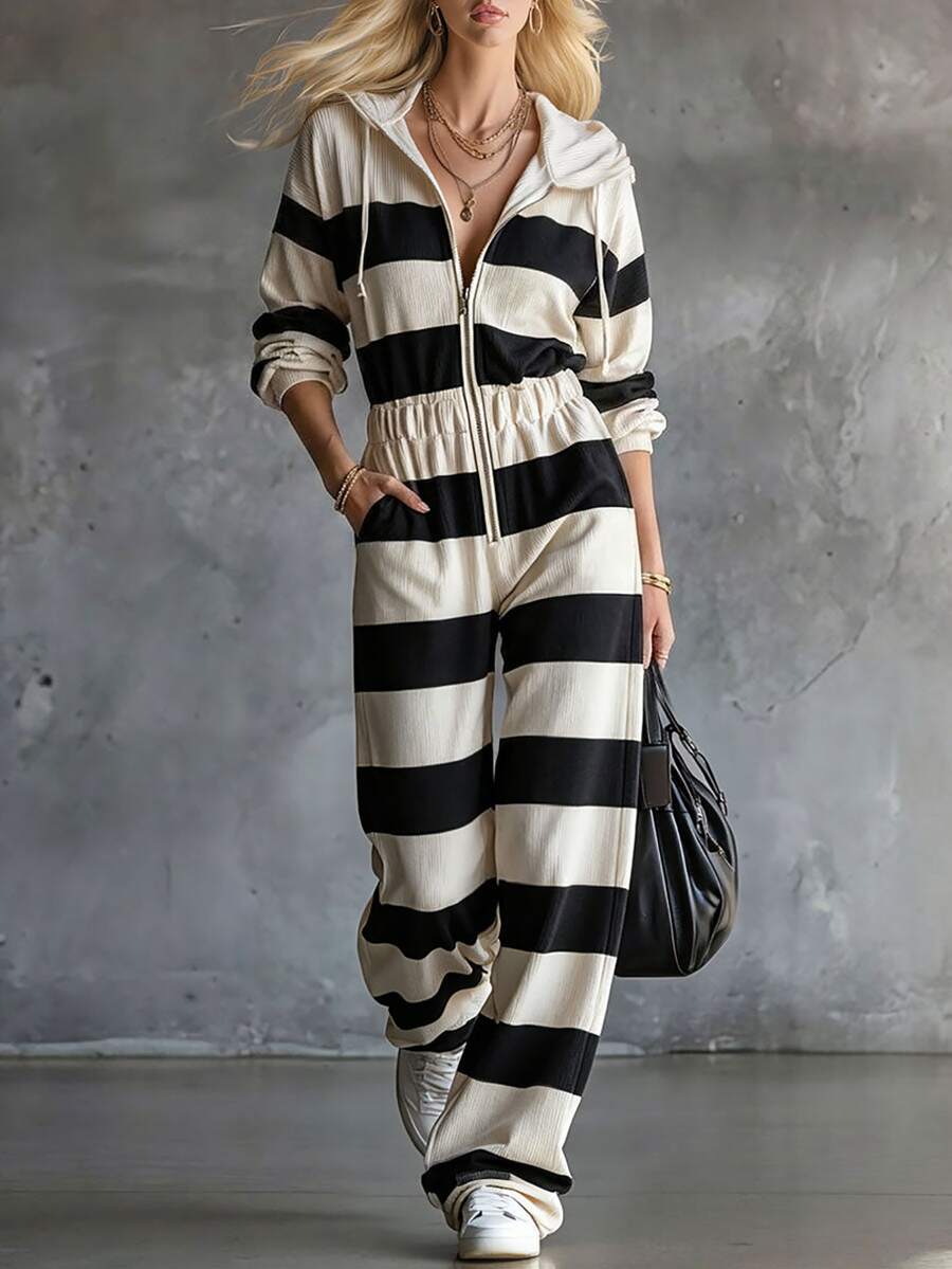 SHEIN Women Fall Winter Striped Hooded Jumpsuit Long Sleeve Zip Up Drawstring Waist Wide Leg Ribbed Lounge Casual Travel Sweat Jumpsuit With Pockets - Black and White - View 1