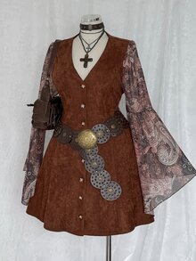 Sunspun Plus Size Women's V-Neck Mesh Sleeve Fitted Short Printed Dress - Brown - View 3