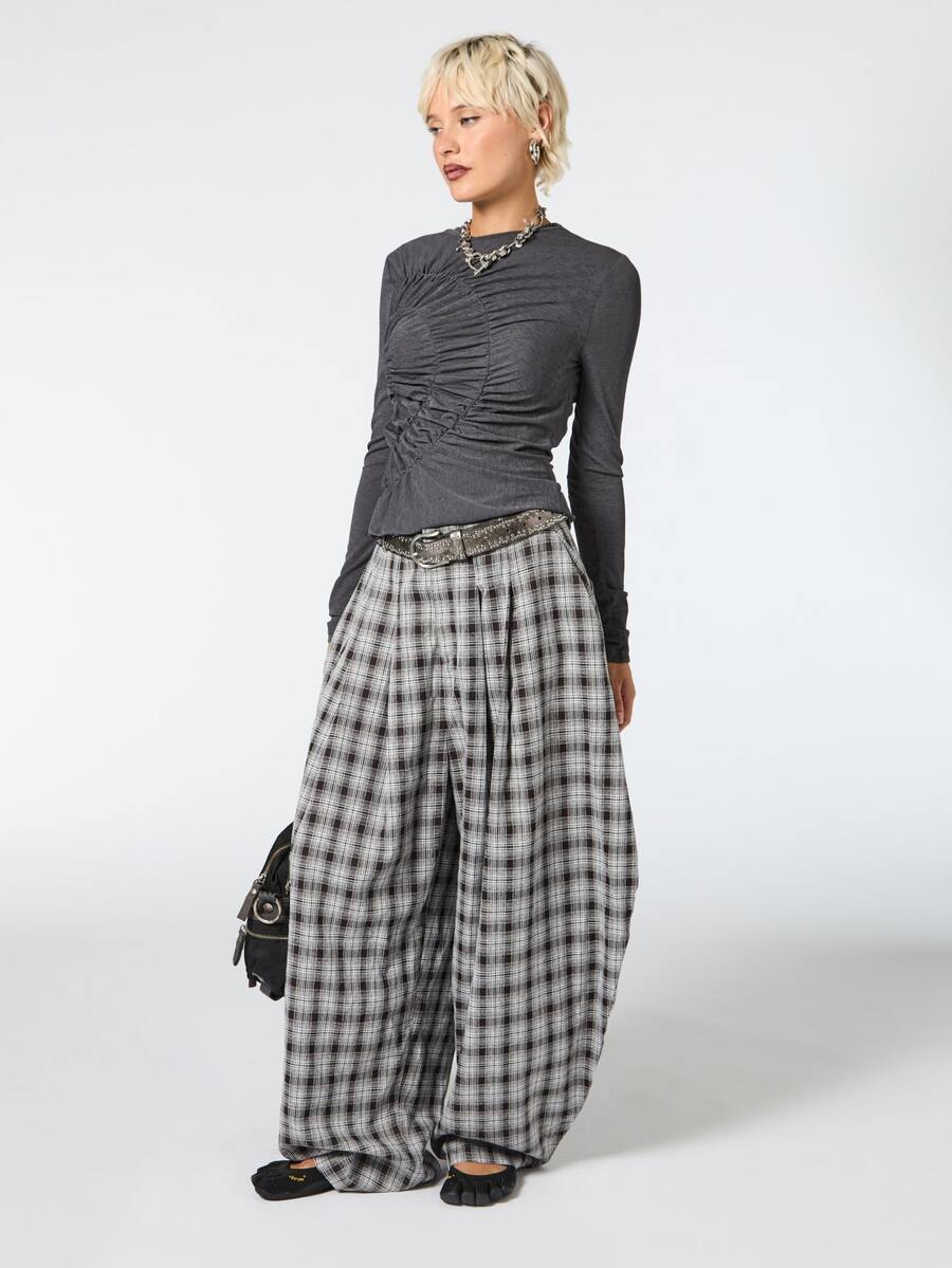 COUREZ BAGGY BALLOON CHECK TROUSERS WITH ASYMMETRIC BACK DETAIL - Black and White - View 1