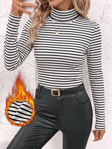 SHEIN Clasi Women's Stand Collar Ruched Waist Warm Fleece T-Shirt - Multicolor - View 7