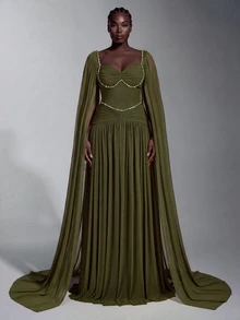 Elitara Plus Size Elegant Fashion Romantic Olive Green Stretch Fabric Beaded Decor Extra Long Flutter Sleeves Shell Chest A-Line Maxi Dress Suitable For Vacation Wedding Event Guest Formal Party Bachelorette Party Evening Gala - Olive Green - View 2