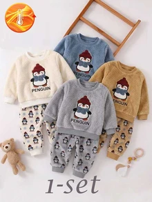 Set 2 potong celana panjang flanel lengan panjang bayi laki-laki, motif cetak bordir penguin kartun warna aprikot, pakaian rumah simpel kasual nyaman lembut lucu dan menyenangkan untuk musim dingin - Aprikot - View 1