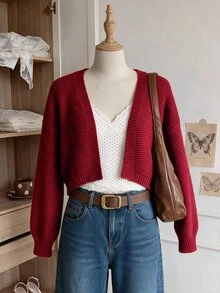 Comfortcana Plus Size Women's Long Sleeve Elegant Autumn/Winter Versatile Short Knit Cardigan - Burgundy - View 6