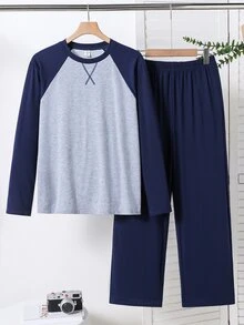 SHEIN Teen Boys Casual Comfortable Versatile Patchwork Colorblock Raglan Sleeve Long Sleeve Top & Long Pants Pajama Set - Multicolor - View 6