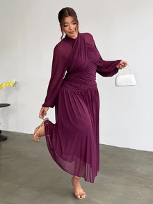 Firerie Plus Size New Cross Design Ruched Lantern Sleeve Asymmetrical Body Gathered Full Flare Long Dress - Red Violet - View 7
