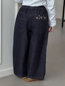 DAZY Jeans Denim Gelap Cuci Longgar Kasual Kaki Lurus dengan Desain Pola Bordir untuk Anak Perempuan Muda, Musim Gugur/Dingin - Dark Wash - View 7