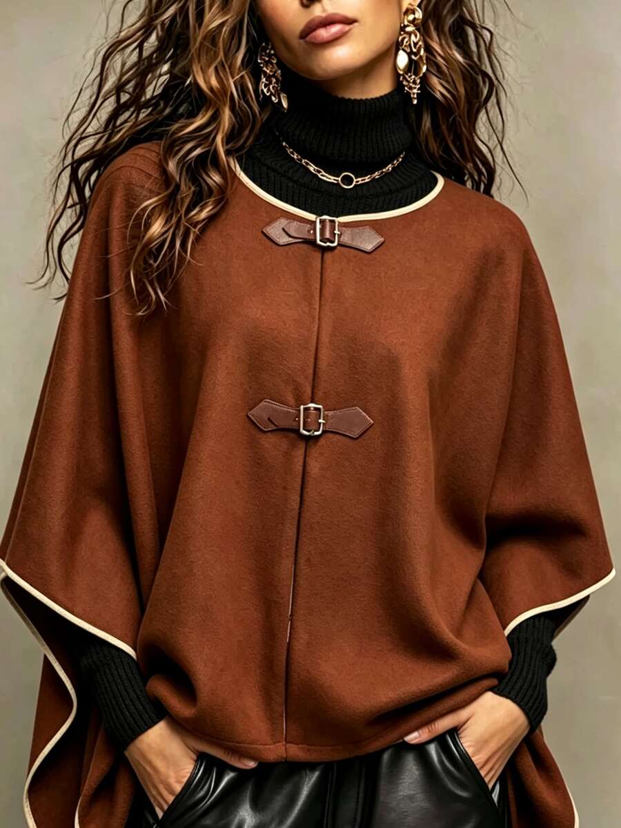 SHEIN Women's Autumn/Winter Piped Trim Snap Button Front Cape Overcoat - Apricot - View 1