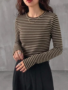 DAZY 純色圓領修身長袖寬條紋休閒日常百搭灰色緊身打底層夏季女款T恤 - 咖啡棕 - 查看 5