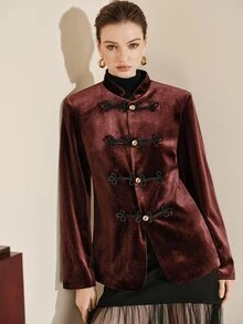 Arave Autumn/Winter Stand Collar Korean Fleece National Style Frog Button Metal Buckle Women's Blazer Jacket - Burgundy - View 5