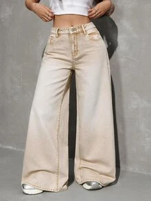 SHEIN Tall 女款高腰寬鬆純色長版牛仔褲 日常約會米色秋季Y2K街頭風牛仔褲 - 卡其色 - 查看 8