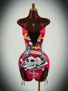 Amplova Halloween Party Event Strap Design Pattern Style Low-Cut Sexy Mini Dress - Red - View 2