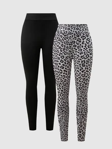 SHEIN Teen Girls Black + Leopard Print Leggings 2pcs Set, Elastic Comfortable Casual Versatile, Suitable For All Seasons - Multicolor - View 3